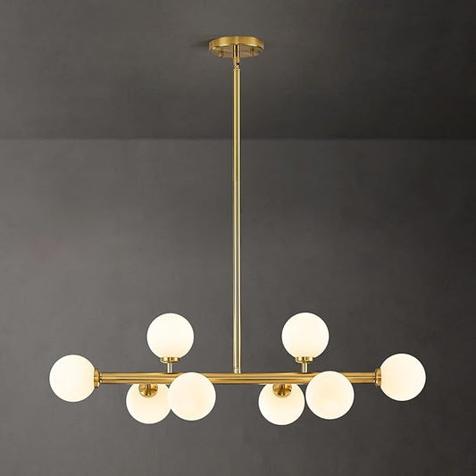 Mid Century Modern Globe Sputnik Chandelier, 8-Light Linear Chandeliers for Dining Room and Kitchen Island, Dining Light Fixture Over Table, Brass Gold and Milk White Glass Bubble, 32 Inch