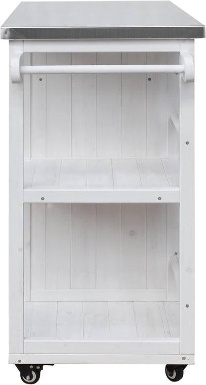 MERITLINE Outdoor Kitchen Island with Stainless Steel Top, Lockable Wheels & Towel Rack, Mobile BBQ Prep Cart with Hidden Cabinet, Drawer, Shelves for Patio, Garden, Backyard, White