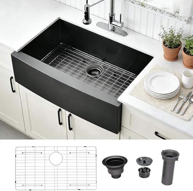 Black Farmhouse Sink 33 Inch, 33x22 Apron Front Farmhouse Kitchen Sink, 16 Gauge Stainless Steel Undermount Deep Single Bowl Luxury Rustic Farm Sinks with Dish Grid and Drainer