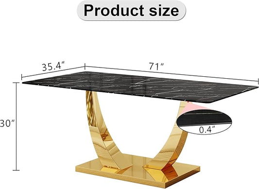 Modern Kitchen Table, Faux Marble Dining Table with 0.4" Thick Tempered Glass Top, 71" Black Dining Room Table with Gold U-Shaped Metal Base for Kitchen Dining Room