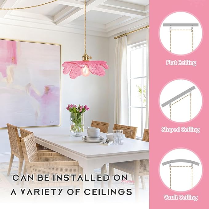 Pink Glass Flower Petal Hanging Light Plug in Pendant Light for Ceiling, 15.7" Gold Mid Century Boho Ceiling Pendant Lighting for Bedroom Living Dining Room, Beautiful Light Fixtures