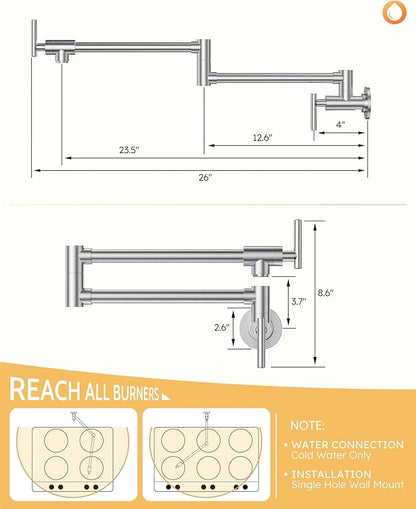 WOWOW Pot Filler Faucet Brushed Nickel, Brass Pot Filler Wall Mount Kitchen Stove Faucet with Double Joint Swing Arms