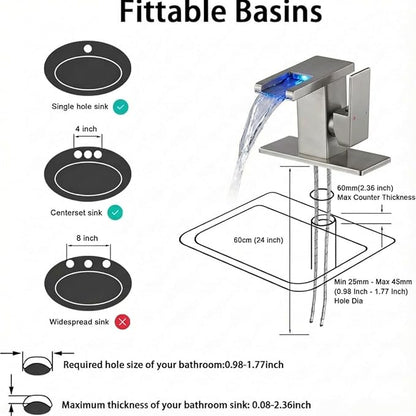 AVSIILE LED Bathroom Sink Faucet, Brushed Nickel Waterfall Single Hole Handle Vanity Faucets for Sinks 1 Hole with Metal Pop Up Drain and 2 Water Supply Lines, Side Handle