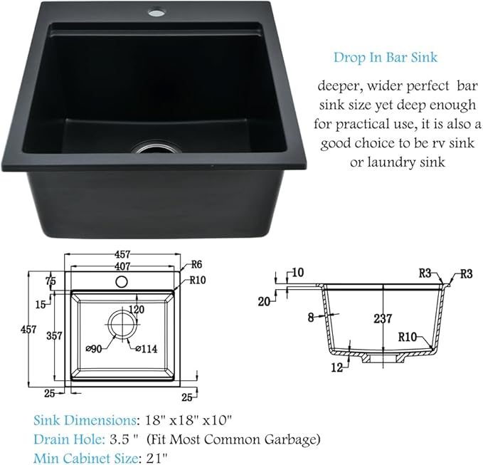 18 Inch Black Drop In Bar Sink Quartz-Bokaiya 18x18 Bar Sink Quartz Small Wet Bar Outdoor Rv Kitchen Sink Topmount Workstation Single Bowl Drop In Kitchen Sink with Cutting Board