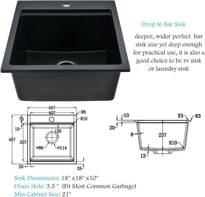 18 Inch Black Drop In Bar Sink Quartz-Bokaiya 18x18 Bar Sink Quartz Small Wet Bar Outdoor Rv Kitchen Sink Topmount Workstation Single Bowl Drop In Kitchen Sink with Cutting Board