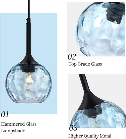 JHLBYL Glass Pendant Lights Kitchen Island: 5.91'' 1-Light Blue Hammered Glass Pendant Light with Black Finish - Modern Minimalist Hanging Light Fixture for Kitchen Sink Dining Room - E26 Base