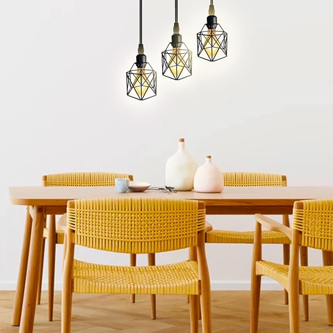 Industrial Pendant Light 3-Light,Adjustable Hanging Light Fixtures,Vintage Farmhouse Pendant Light with Metal Caged for Kitchen Dining Room Hallway,E26 Base,Black