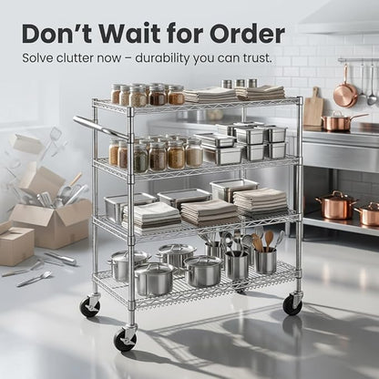 Finnhomy 4 Tier Heavy Duty Commercial Grade Rolling Cart with Handle Bar, Metal Wire Utility Cart with Wheels, Service Trolley on Wheels, Shelf Size 18" D x 30" W, NSF Listed, Chrome