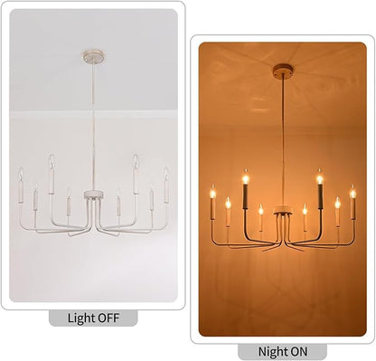 French Country Chandelier, 8-Light Farmhouse Chandelier for Dining Room, Antique White Chandelier Light Fixtures, Candle Hanging Pendant Lights for Kitchen Living Room Bedroom Foyer
