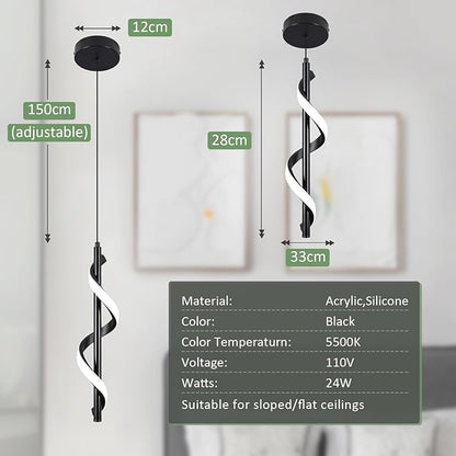 CANEOE 3 Packs Modern Spiral Led Pendant Light Fixture, Cold White 5500K Kitchen Island Pendant Lamp, Adjustable Hanging Light Fixture for Bedroom Living Room Kitchen Sink