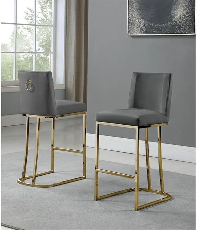 Modern Chairs Set of 2, Chrome Side Chairs & Counter Stools with Ring Pull Back, Luxury Upholstered Chairs for Kitchen Island, Dining Room & Home Bar (Velvet, Dark Gray/Gold, Counter Height Chair)