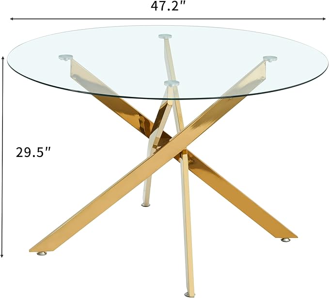 Round Dining Table, 47 Inch Glass Kitchen Table for 4-6 People, Tempered Glass Dinner Room Table with Gold X Metal Legs, Modern Circle Coffee Table for Home Dining Room Kitchen Restaurant