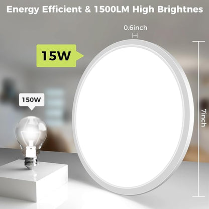 2Pack LED Flush Mount Ceiling Light Fixture, 7Inch 15W, Dimmable&3000K/3500K/4000K/5000K/6500K Adjustable Low Profile Ceiling Lights, 1500LM Round Lamp for Bathroom, Closet, Kitchen, Hallway, White