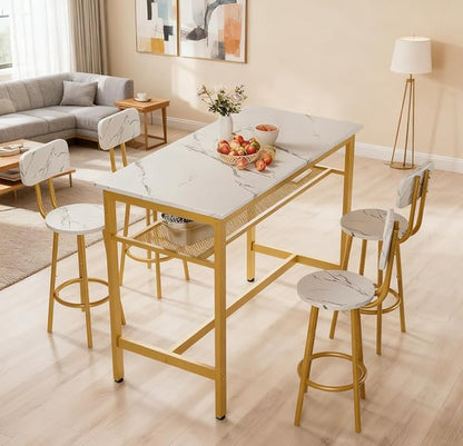 5 Piece Bar Table Set with 4 Stool Modern Bar Height with Storage Shelves Faux Marble Table Top with Gold Metal Frame Bar Table Set for Kitchen Dining Room Small Space