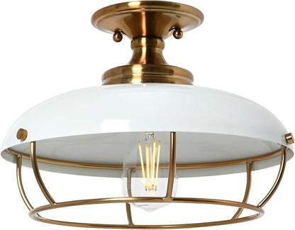 Presley Caged Dome Metal Semi-Flush Mount Ceiling Light, Brushed Brass and White