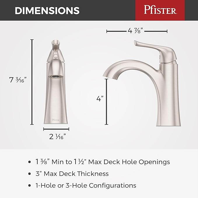 Pfister Willa Single Handle Bathroom Sink Faucet 1 Hole NSF Certified Spot Defense Brushed Nickel Finish with Push & Seal Drain WaterSense Compliant Vanity Faucet LF042MALGS