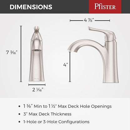 Pfister Willa Single Handle Bathroom Sink Faucet 1 Hole NSF Certified Spot Defense Brushed Nickel Finish with Push & Seal Drain WaterSense Compliant Vanity Faucet LF042MALGS