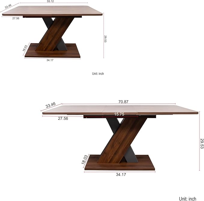 55.12"-70.78" Wooden Extendable Dining Table for 4-8, Modern Expandable Kitchen Table with X-Shaped Design Base and Wood Grain Tabletop for Living Room, Dining Room, Walnut