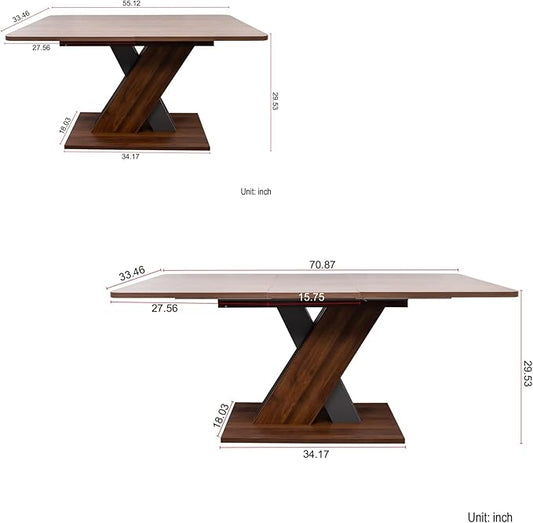 55.12"-70.78" Wooden Extendable Dining Table for 4-8, Modern Expandable Kitchen Table with X-Shaped Design Base and Wood Grain Tabletop for Living Room, Dining Room, Walnut