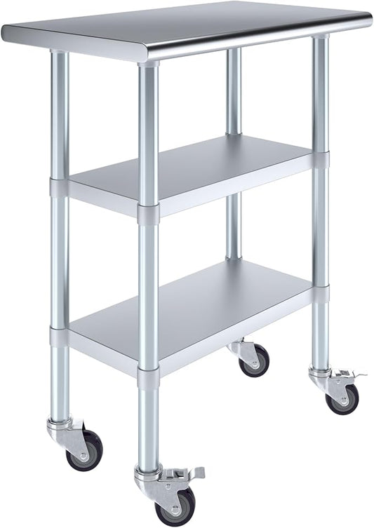 Stainless Steel Work Table with 2 Shelves and Casters | Kitchen Island Food Prep | Laundry Garage Utility Bench | NSF Certified (30" Long x 18" Deep)