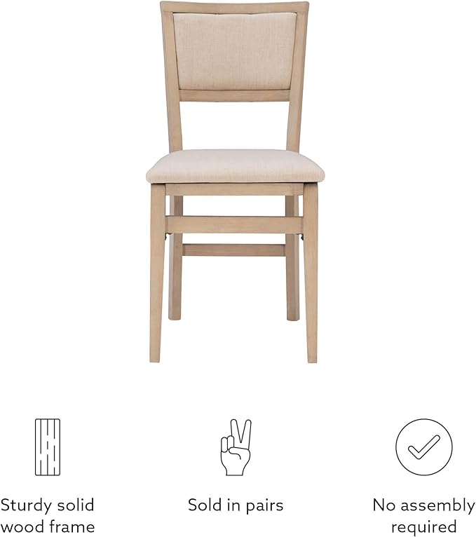 Linon Keira Natural Rustic Wooden Folding Chair with Beige Upholstered Seat and Back Set of 2
