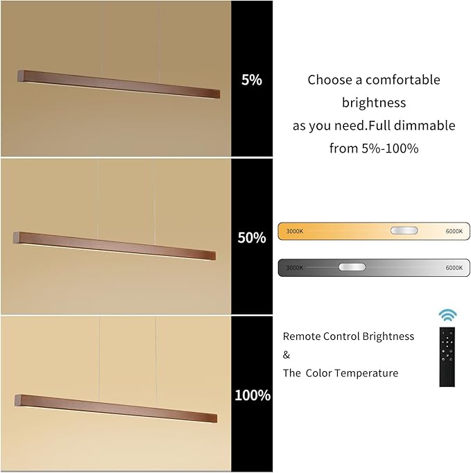 YISDESIGN 39" Wood Linear Pendant Light Modern LED Dimmable Ceiling Hanging Light Fixture Wood Linear Chandeliers 24w for Dining Room Kitchen Island Pool Table Bar Walnut Color (with Remote Control)