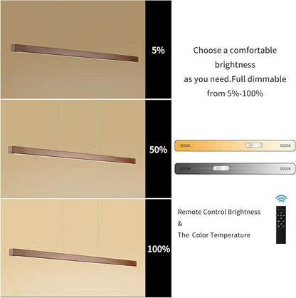 YISDESIGN 39" Wood Linear Pendant Light Modern LED Dimmable Ceiling Hanging Light Fixture Wood Linear Chandeliers 24w for Dining Room Kitchen Island Pool Table Bar Walnut Color (with Remote Control)