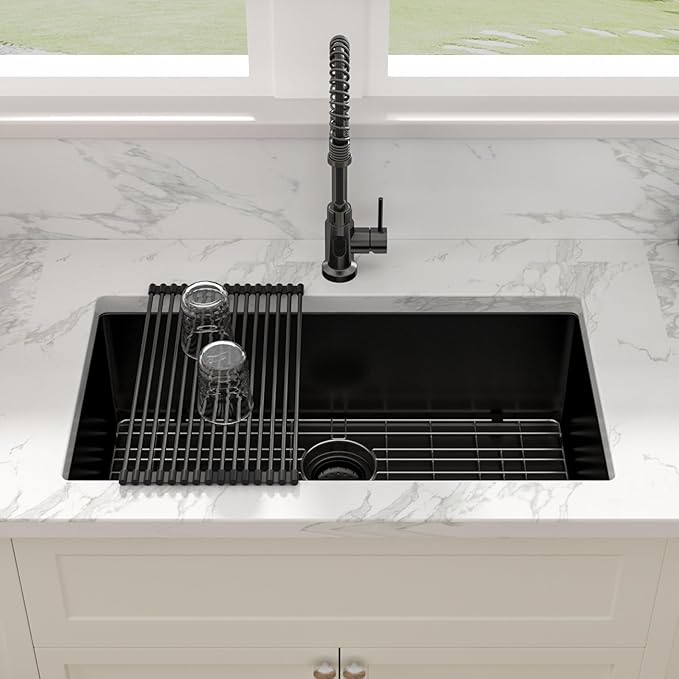 Sarlai 32 Matte Black Undermount Kitchen Sink - 32x19 Inch Kitchen Sink Undermount with Ledge NANO-Tech Round Corner 16 Gauge Stainless Steel Single Bowl Sinks Basin