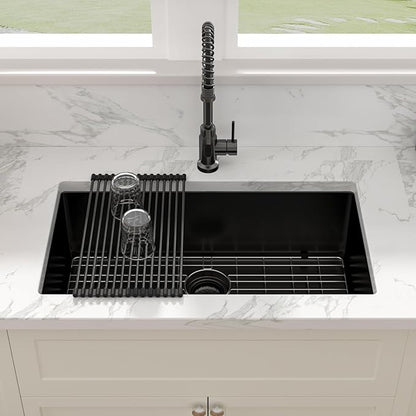 Sarlai 32 Matte Black Undermount Kitchen Sink - 32x19 Inch Kitchen Sink Undermount with Ledge NANO-Tech Round Corner 16 Gauge Stainless Steel Single Bowl Sinks Basin
