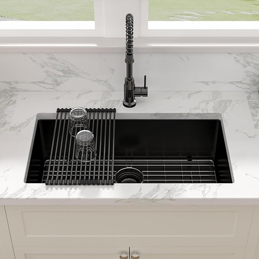 Sarlai 32 Matte Black Undermount Kitchen Sink - 32x19 Inch Kitchen Sink Undermount with Ledge NANO-Tech Round Corner 16 Gauge Stainless Steel Single Bowl Sinks Basin
