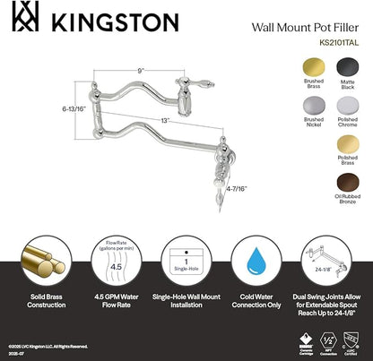 Kingston Brass KS2102TAL Tudor Pot Filler, Polished Brass, 24.13 x 2.19 x 12