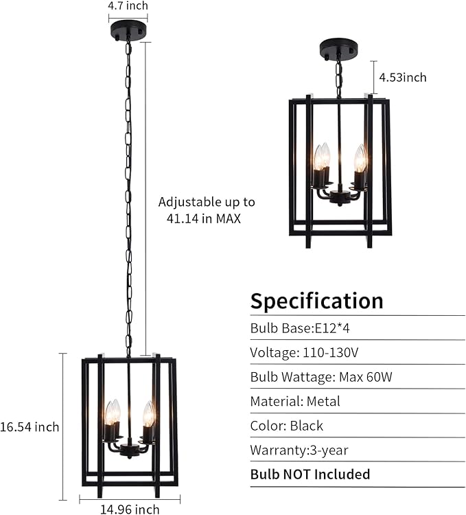 Farmhouse Lantern Chandelier Light Fixture Black, 4-Light Rustic Industrial Pendant Lighting, Adjustable Height Modern Square Cage Hanging Lights for Hallway Kitchen Island Living Room Bedroom