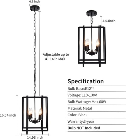 Farmhouse Lantern Chandelier Light Fixture Black, 4-Light Rustic Industrial Pendant Lighting, Adjustable Height Modern Square Cage Hanging Lights for Hallway Kitchen Island Living Room Bedroom