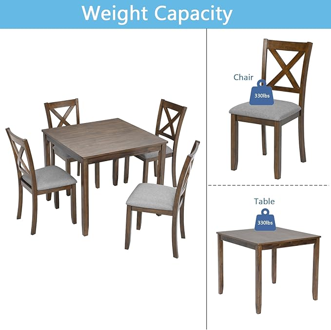 5-Piece Solid Wood Dining Table Set with 4 Upholstered Chairs, Square Kitchen Table Set for 4, Modern Dining Room Table and Chairs Set of 4 for Kitchen and Dining, Walnut