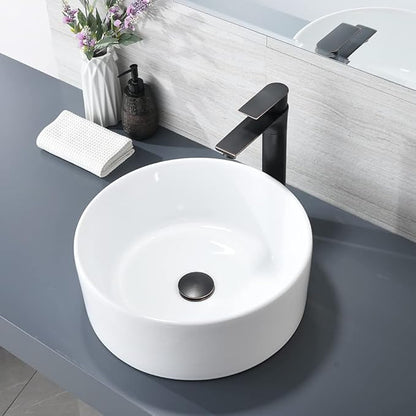 White Round Vessel Sink, BoomHoze 16"x16" Modern Countertop Circle White Porcelain Ceramic Bathroom Sink Above Counter Art Washing Basin