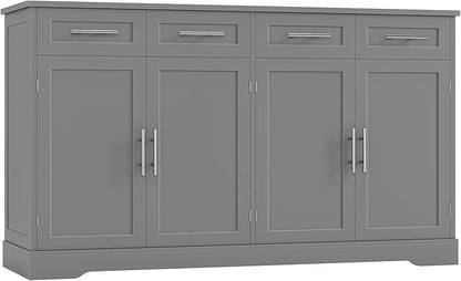HOSTACK 60" Large Buffet Sideboard with Storage, 36" Tall Kitchen Buffet Storage Cabinet with 4 Drawers, Modern Coffee Bar Cabinet with Gold Handles, Long Sideboard Buffet Table for Kichen, Grey