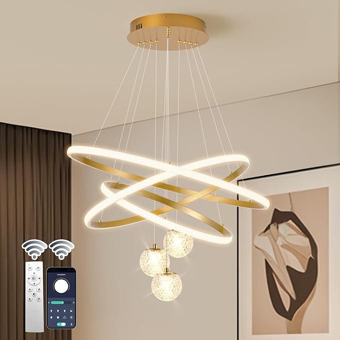 ORANOOR LED Modern 3 Ring Chandeliers for Dining Room, 24in Dimmable Kitchen Pendant Lamp, Gold Dining Room Light Fixtures Ceiling Hanging Over Table, Globe Round Chandeliers for Living Room Bedroom