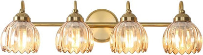 Vintage Bathroom Light Fixtures, Brass Vanity Lights with Amber Tulip Glass Shade, Vanity Sconces for Bathroom Bedroom Living Room Hallway, 4-Light