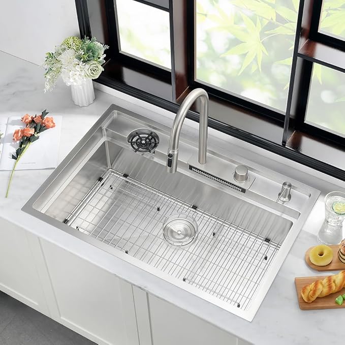 33 Inch Waterfall Kitchen Sink Drop In-iAnomla 33x19 Stainless Steel Drop In Kitchen Sink Workstation Modern Sinks 16 Gauge Single Bowl Deep Smart Sinks with Faucet and Cup Washer Combo