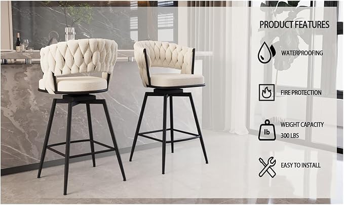 26" Linen Woven Bar Stool Set of 2,Black Legs Barstools No Adjustable Kitchen Island Chairs,360 Swivel and Counter Stool Arm Chairs with Back Footrest (White)