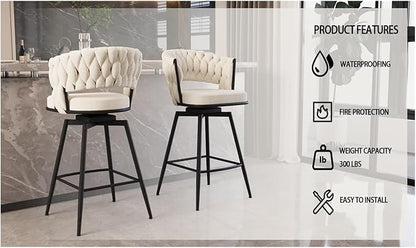 26" Linen Woven Bar Stool Set of 2,Black Legs Barstools No Adjustable Kitchen Island Chairs,360 Swivel and Counter Stool Arm Chairs with Back Footrest (White),for Living Room