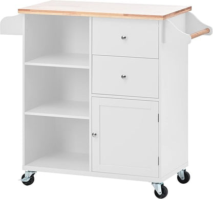 Fashion Store Kitchen Island Cart with Rubber Wood Top and 2 Drawers,4 Wheels and 3 Open Shelves,for Kitchen,Dining Room,Bathroom,Living Room (White@E)