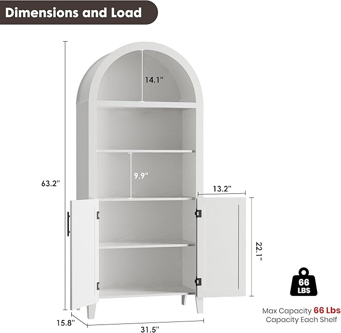 Garvee Arched Kitchen Pantry Storage Cabinet - 5-Tier Open Display Shelf with Rattan Decor, Farmhouse Storage Cabinet for Kitchen, Dining Room, Living Room, White