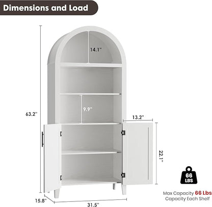 Garvee Arched Kitchen Pantry Storage Cabinet - 5-Tier Open Display Shelf with Rattan Decor, Farmhouse Storage Cabinet for Kitchen, Dining Room, Living Room, White