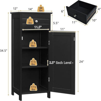 Bathroom Floor Cabinet, Freestanding Side Floor Storage Cabinet, 1 Large Drawer and 2 Adjustable Shelves, Modern Storage Cabinet Bathroom Storage Cabinet for Narrow Space (Black)