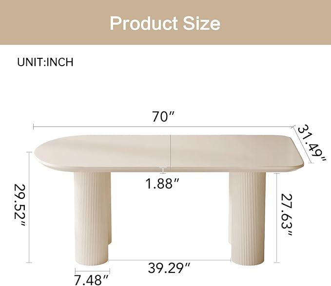 Guyii 70" Dining Table, Modern Kitchen Table for 6 People, Indoor Dining Table for Kitchen, Bar, Living Room, Small Space, Cream White, Table Only