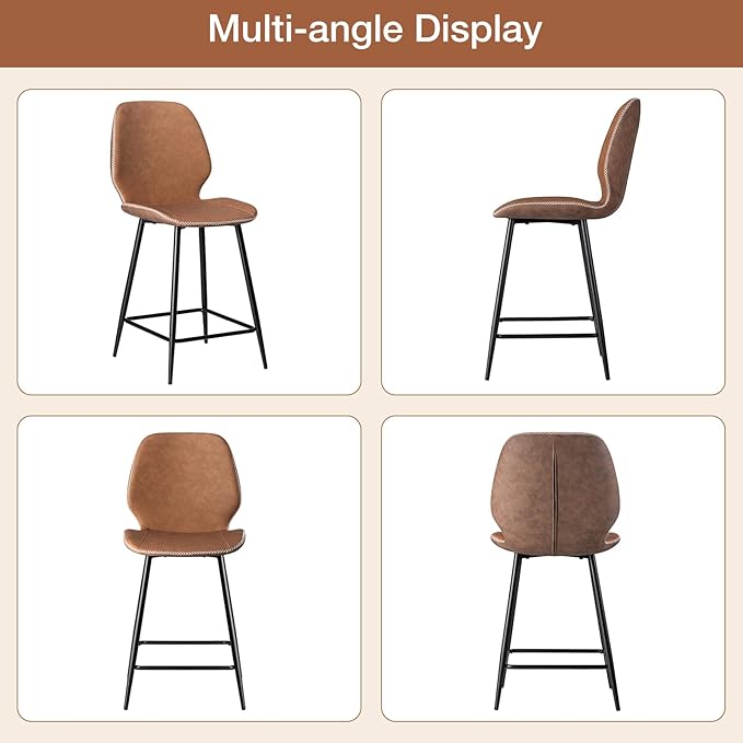 HOMMPA Counter Height Bar Stools Set of 2 Faux Leather 24'' Countertop Stool Chairs with Metal Legs Ergonomic Back Barstools for Kitchen Island Home Brown