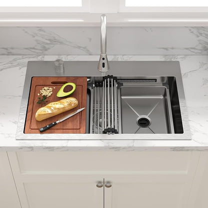 Sarlai 31 Inch Waterfall Kitchen Sink Drop In - 31x20 Waterfall Sink Ledge Workstation Stainless Steel 16 Gauge Multifunction Single Bowl Top Mount Kitchen Basin with Faucet Combo