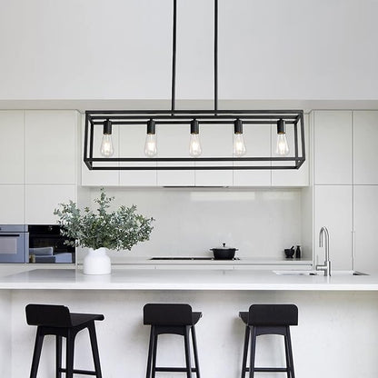 Black Farmhouse Kitchen Island Lighting, Modern Industrial Chandelier, 5-Light Linear Rectangular Pendant Light Fixtures for Farmhouse Kitchen Dining Room Bar Foyer(Metal, Height Adjustable)