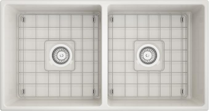 BOCCHI Contempo Farmhouse Apron Front Fireclay 36 in. Double Bowl Kitchen Sink with Protective Bottom Grid and Strainer in Biscuit